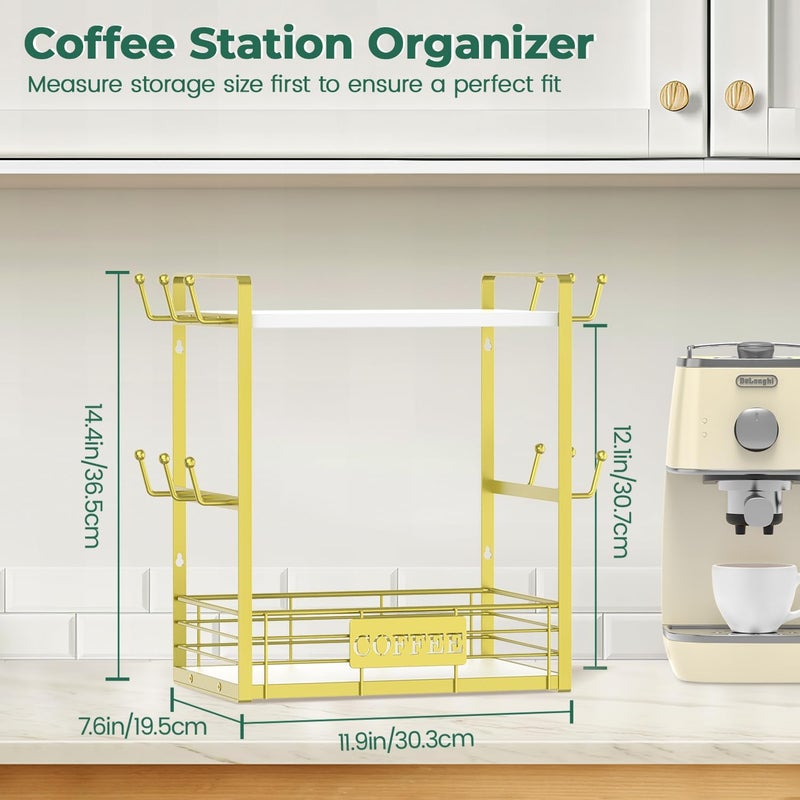 EsLuker.ly Coffee Mug Cup Holder Tree Bar Station Organizer, 2 Tier Mug Stand Rack for Countertop Kitchen, Storage Tower Display Shelf with 12 Hooks, Coffee Nook Enhancer, White-Gold - Image 2